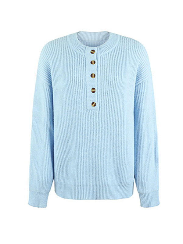 Casual Long Sleeves Solid Color Round-Neck Sweater Tops