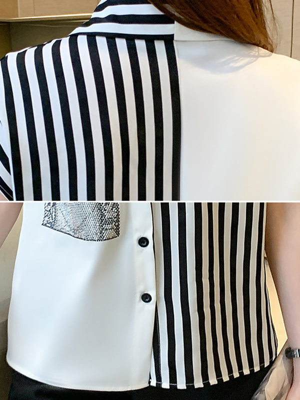 Asymmetric Figure Printed Cap Sleeve Loose Lapel Blouses&Shirts Tops