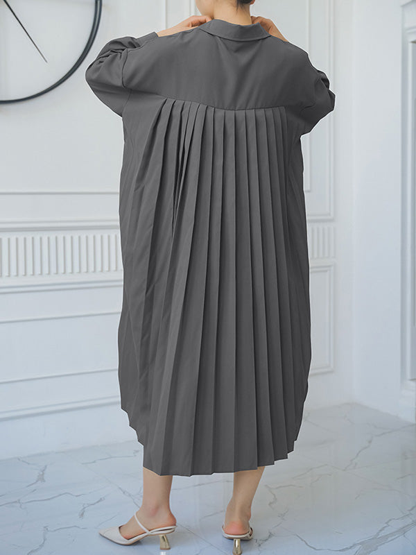 Buttoned Split-side Loose Three-quarter Sleeves Lapel Shirt Dress Midi Dresses