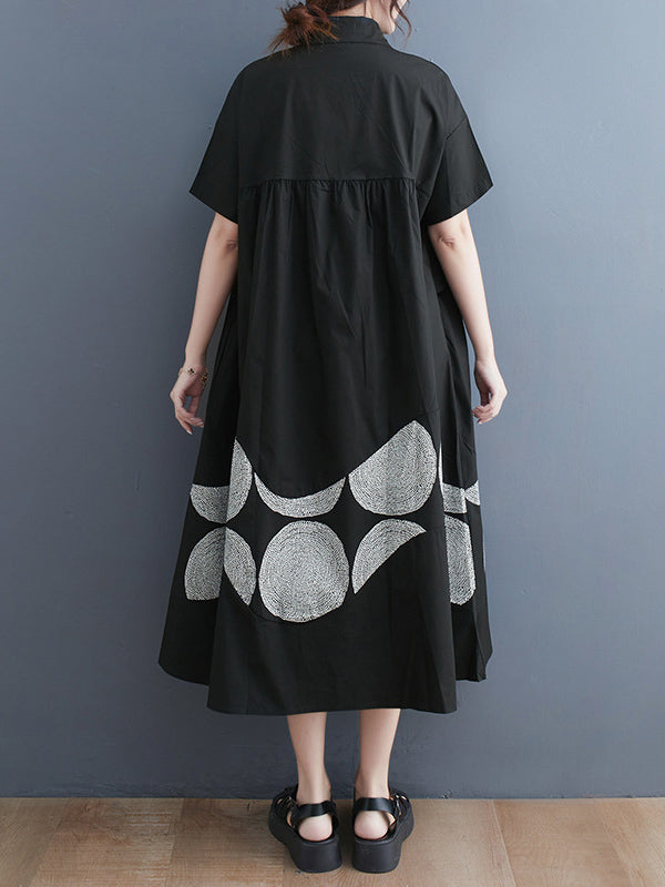 A-Line Oversize Ethnic Printed Contrast Color Printed Split-Joint Lapel Midi Dresses Shirt Dress