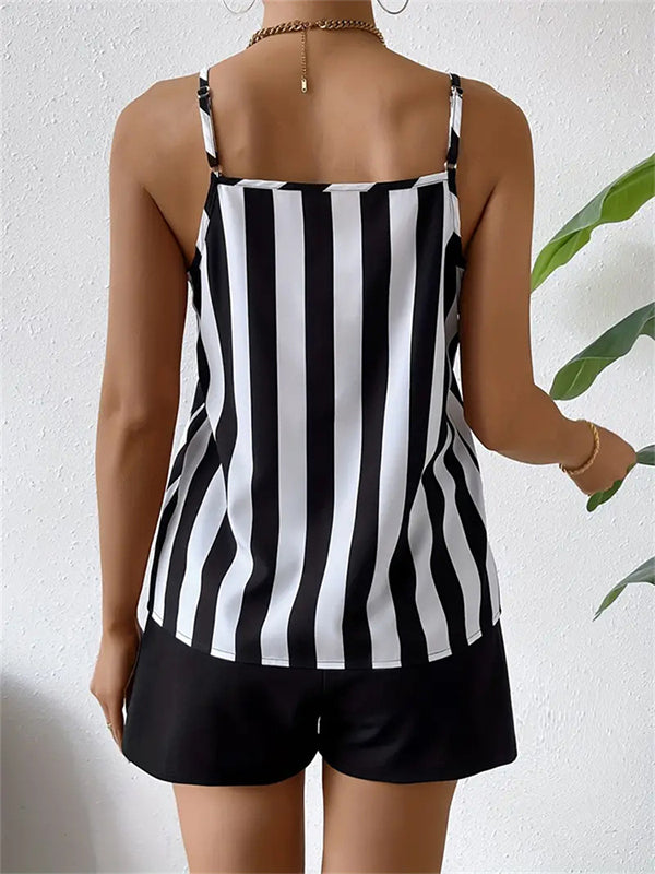 Spaghetti-Neck Loose Sleeveless Buttoned Split-Joint Striped Vest Top + Shorts Bottom Two Pieces Set