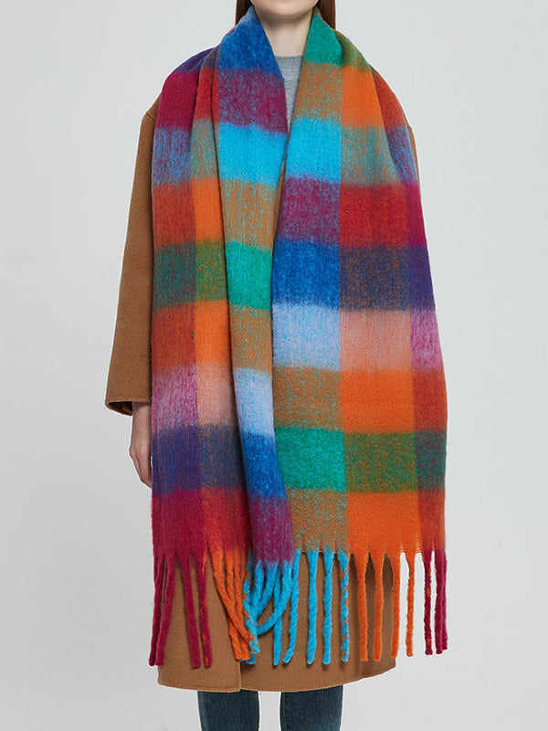Keep Warm Multi-Colored Plaid Tasseled Thick Shawl&Scarf