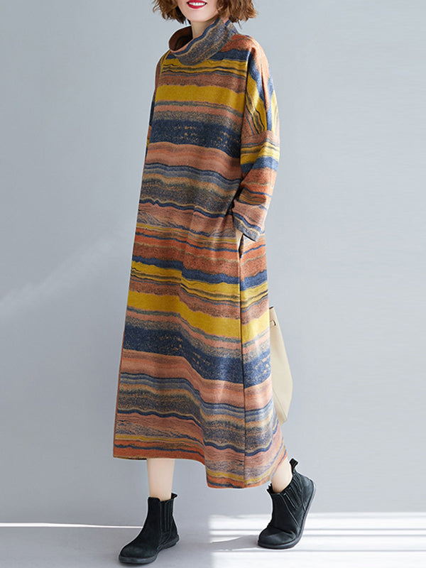 Asymmetric Striped A-Line Long Sleeves High Neck Midi Dresses