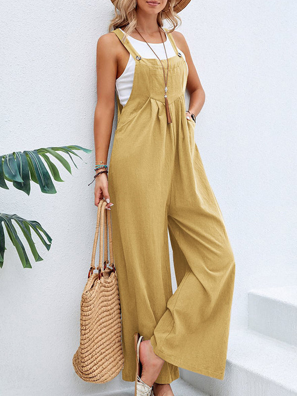 Pleated Split-Joint Loose Plus Size Spaghetti-Neck Overalls