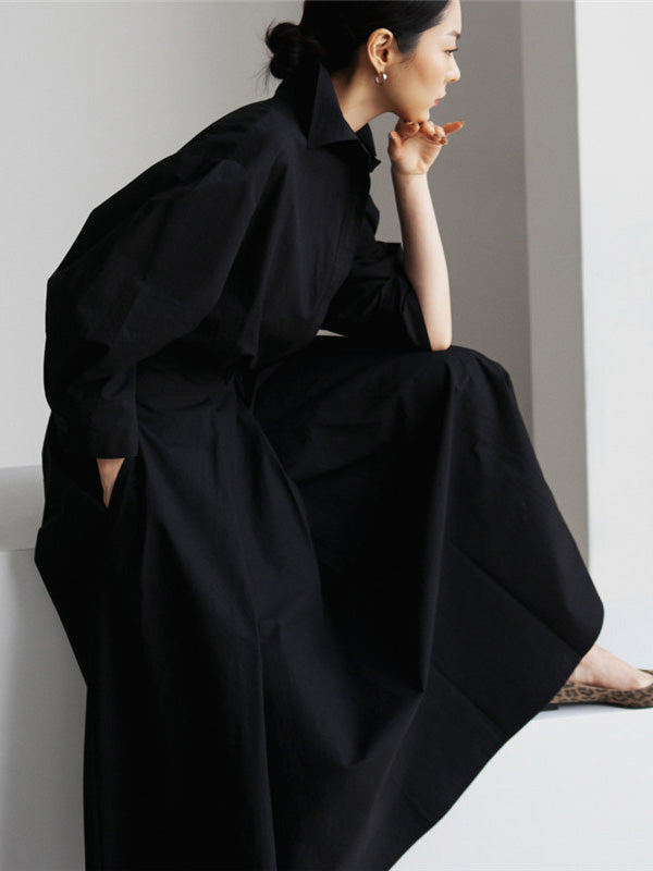 Original Solid Color Lapel Long Sleeves Midi Dress