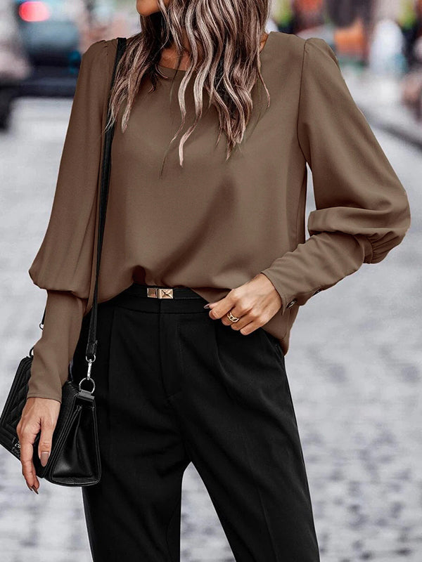 Buttoned Pleated Solid Color Long Sleeves Loose Round-Neck Blouses&Shirts Tops
