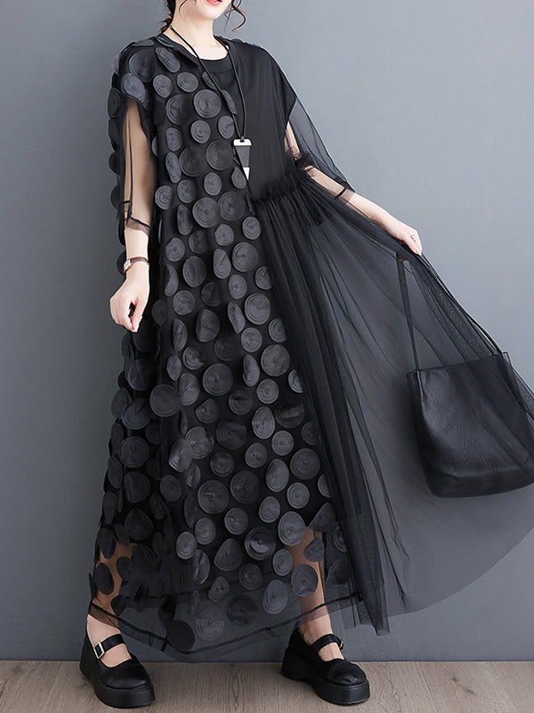 Asymmetric Gauze Split-Joint Loose Short Sleeves Round-Neck Midi Dresses