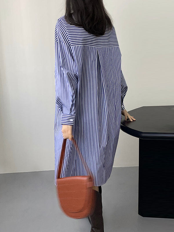 Striped Long Sleeves Loose Round-Neck Shirt Dress Midi Dresses