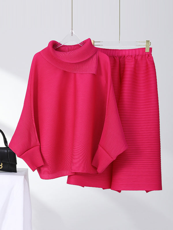 Simple Loose Long Sleeves Pleated Solid Color High-Neck T-Shirt Top&Wide Legs Pants Two Pieces Set