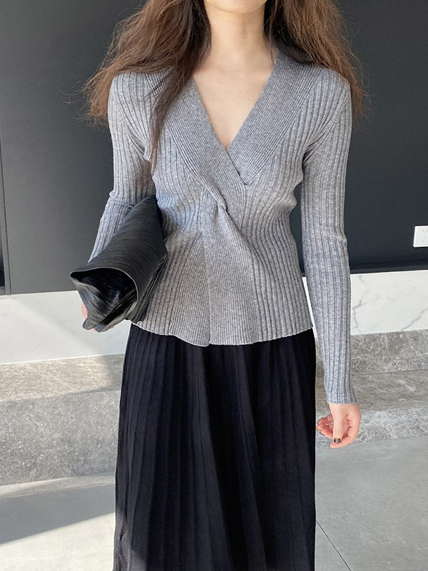 Knot Solid Color Long Sleeves Loose V-Neck Sweater Tops Pullovers