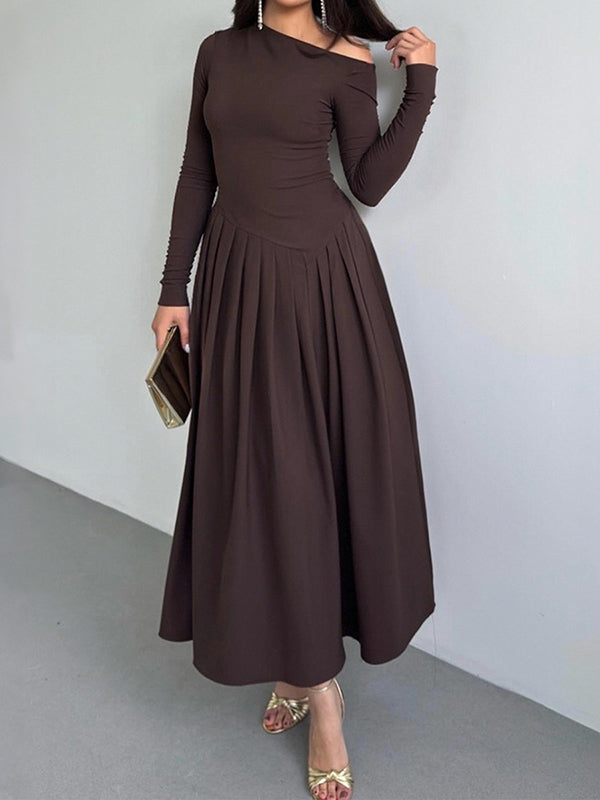 Asymmetric Pleated Solid Color Split-Joint A-Line Bodycon One-Shoulder Maxi Dresses