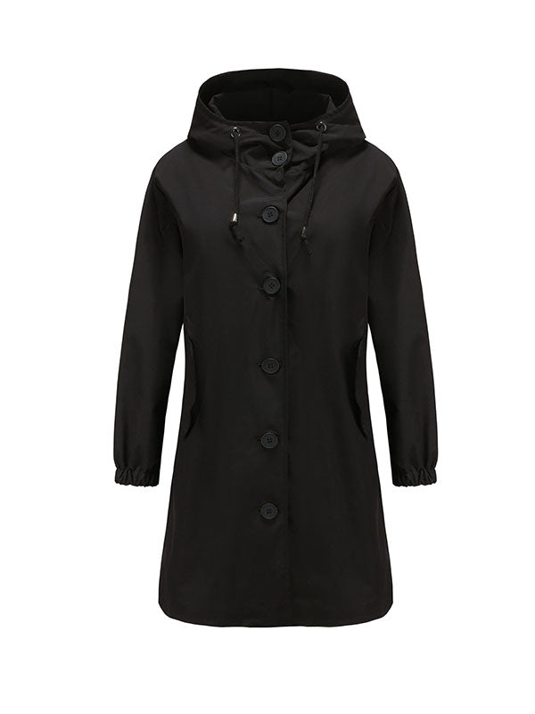 Buttoned Drawstring Elasticity Hooded Pockets Split-Back Waterproof Long Sleeves Loose High-Neck Trench Coats