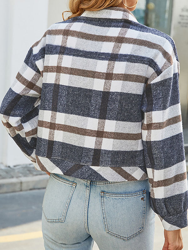 Buttoned Contrast Color Plaid Long Sleeves Loose Lapel Outerwear