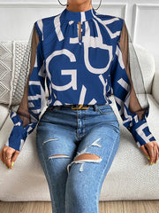 Hollow Letter Print Mesh See-Through Long Sleeves Round-neck Shirts Tops Blouses&shirts Tops