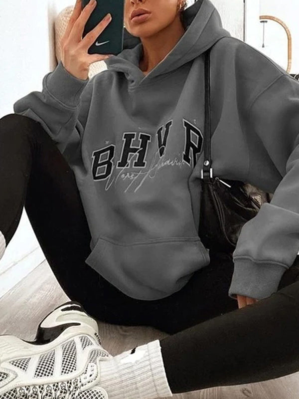 Keep Warm Letter Print Velvet Long Sleeves Loose Hooded Hoodies Tops