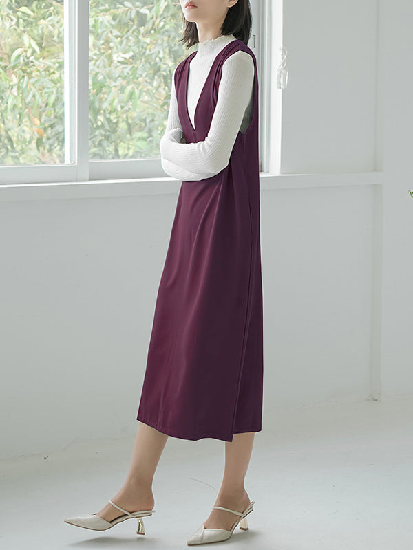 Casual A-Line Sleeveless Solid Color V-Neck Midi Dresses