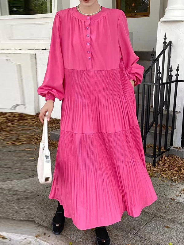 Buttoned Pleated Solid Color Split-Joint A-Line Long Sleeves Round-Neck Midi Dresses
