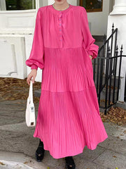 Buttoned Pleated Solid Color Split-Joint A-Line Long Sleeves Round-Neck Midi Dresses