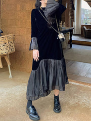 Pleated Split-Joint Flared Sleeves High Waisted Round-Neck Midi Dresses