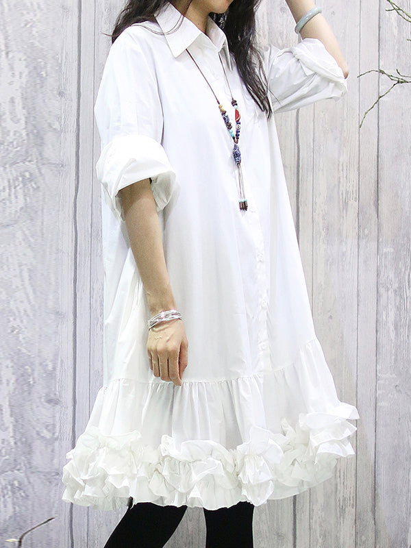 Buttoned Pleated Ruffled Solid Color Long Sleeves Loose Lapel Shirt Dress Midi Dresses