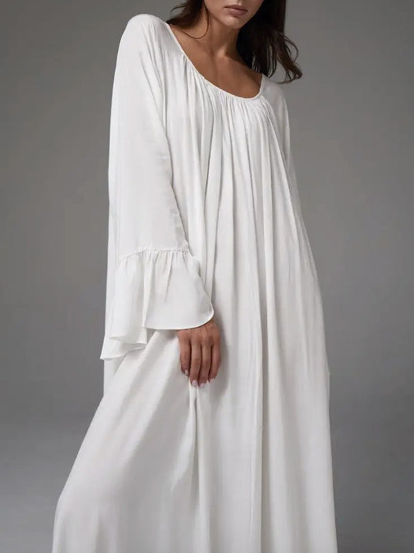 Pleated Solid Color Split-Joint A-Line Flared Sleeves Round-Neck Maxi Dresses