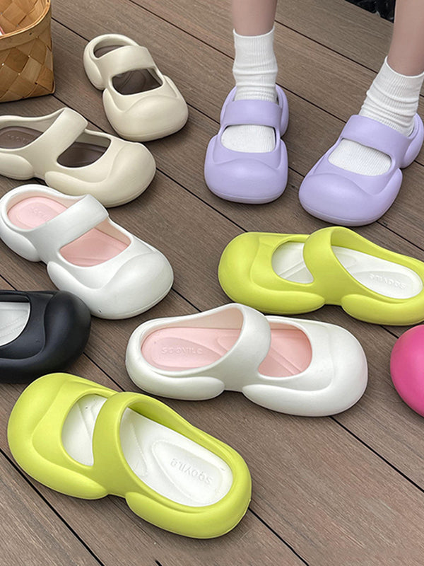 Hollow Round-Toe Solid Color Slider Sandals