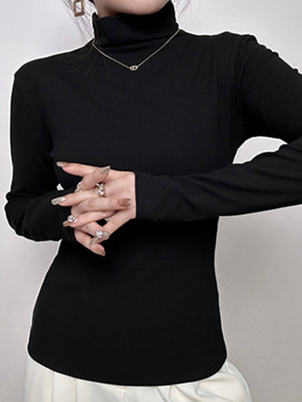 Solid Color Long Sleeves Skinny High Neck T-Shirts Tops