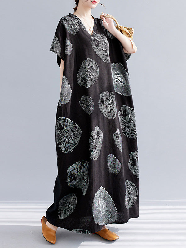 Casual Short Sleeves Loose Contrast Color Printed V-Neck Maxi Dresses