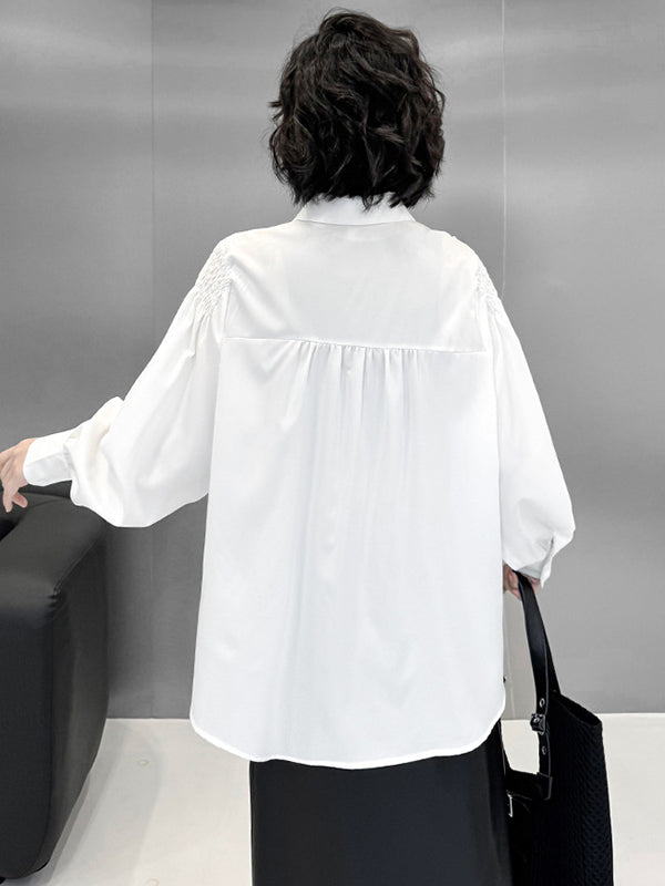 Buttoned Pleated Solid Color Long Sleeves Loose Polo Blouses&Shirts Tops