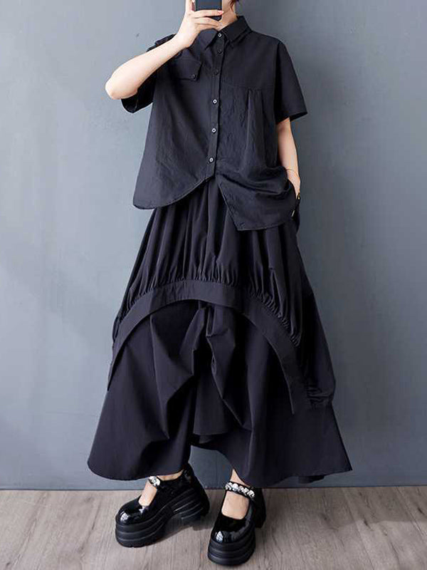 Asymmetric Elasticity Pleated Pockets Solid Color A-Line Loose Skirts Bottoms
