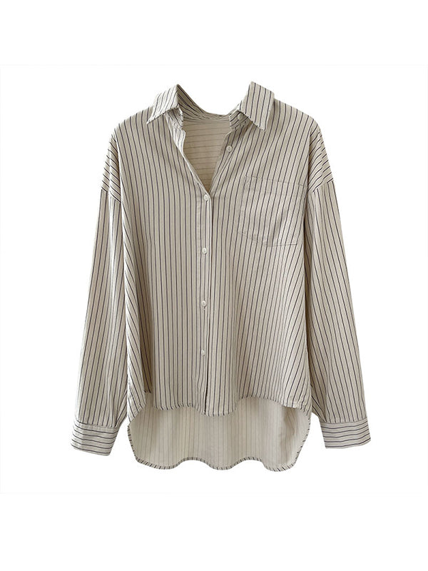 Buttoned Pockets Striped Long Sleeves Loose Lapel Blouses&Shirts Tops