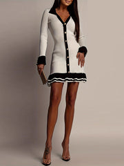 Buttoned Contrast Color Ruffled Bodycon High Waisted V-Neck Mini Dresses Knit Dresses