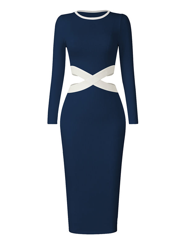 Hollow High Waisted Long Sleeves Round-Neck Midi Dresses