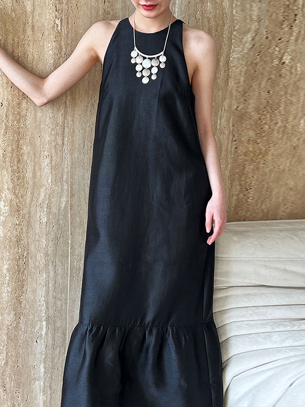 Pleated Solid Color Split-Joint Loose Sleeveless Round-Neck Maxi Dresses