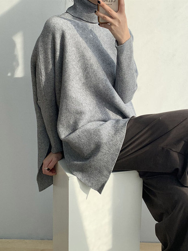 Original 4 Colors Split-Side High-Neck Long Sleeves Sweater Top