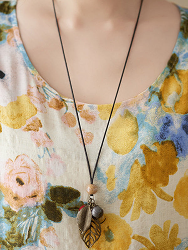 Floral Printed A-line Loose Round-neck Midi Dresses