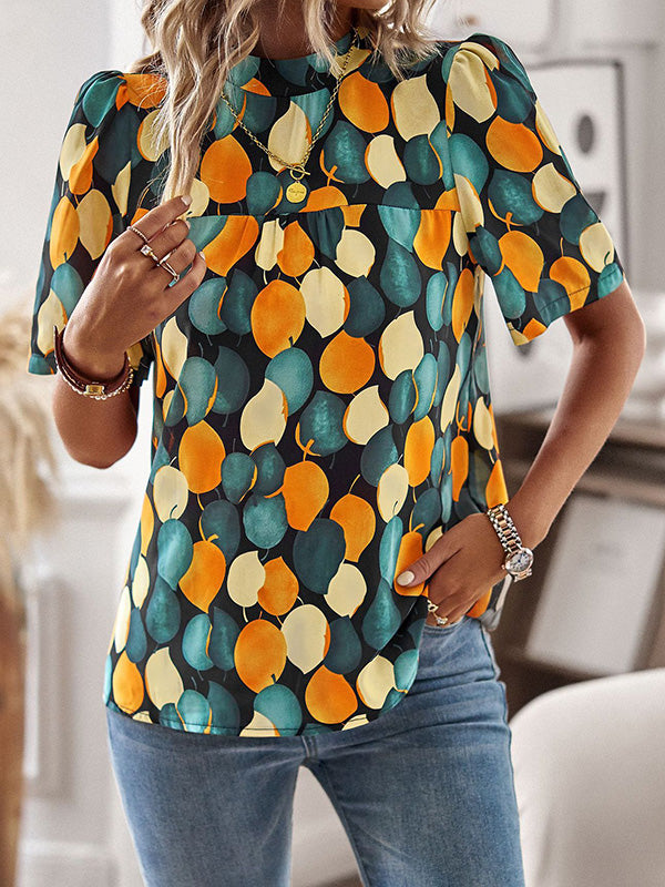 Leaves Print Split-Joint Loose Short Sleeves Mock Neck T-Shirts Tops