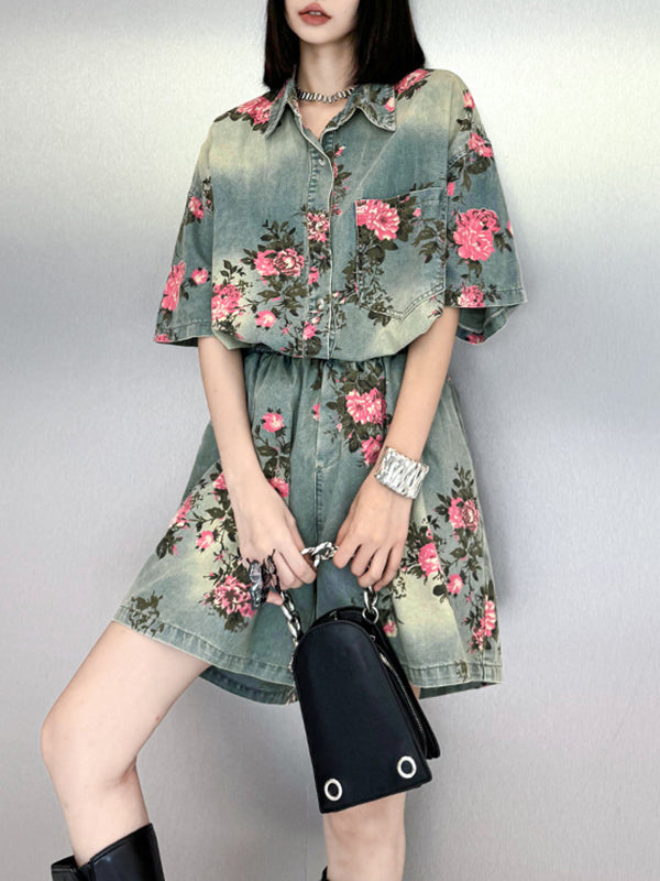 Floral Printed Split-Joint High-Low Loose Lapel Blouses&Shirts Tops