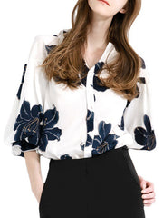Contrast Color Flower Print Loose V-neck Blouses&shirts Tops