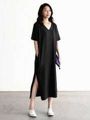 Casual Loose Short Sleeves Split-Side Solid Color V-Neck Midi Dresses
