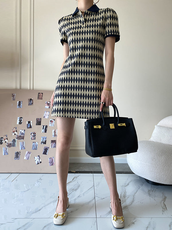 Original Plaid Knitting Lapel Collar Short Sleeves Mini Dress