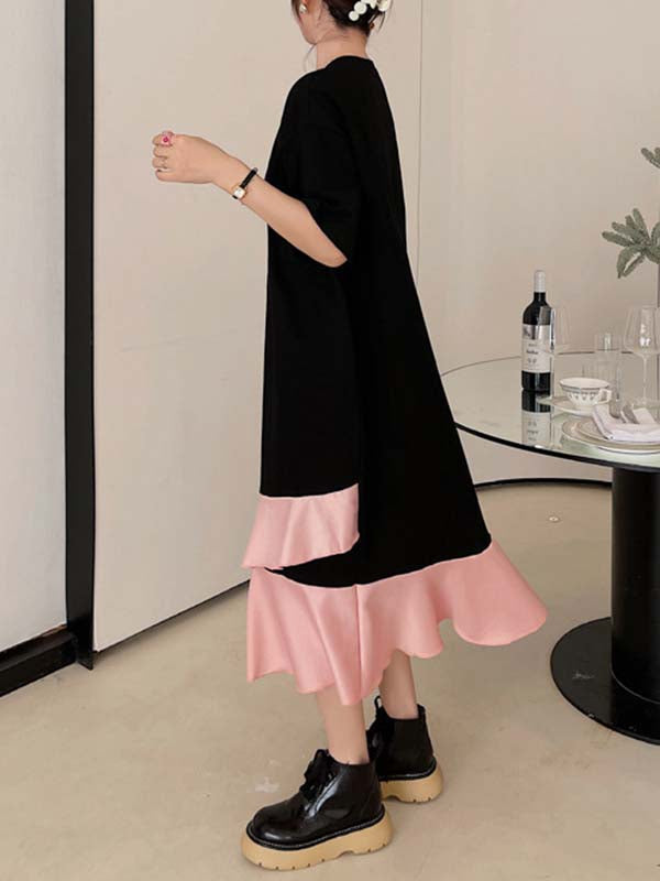 Casual Loose Short Sleeves Contrast Color Falbala Split-Joint Round-Neck Midi Dresses