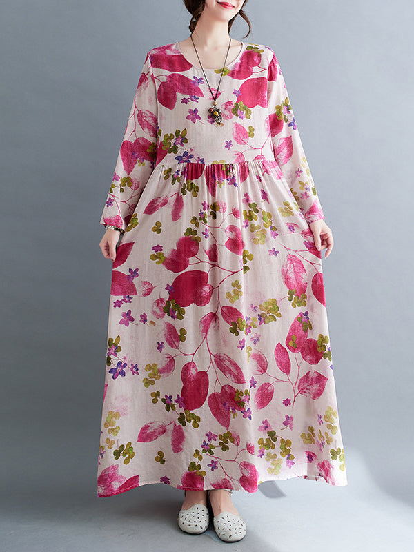Flower Print Split-Joint Long Sleeves Loose Round-Neck Midi Dresses