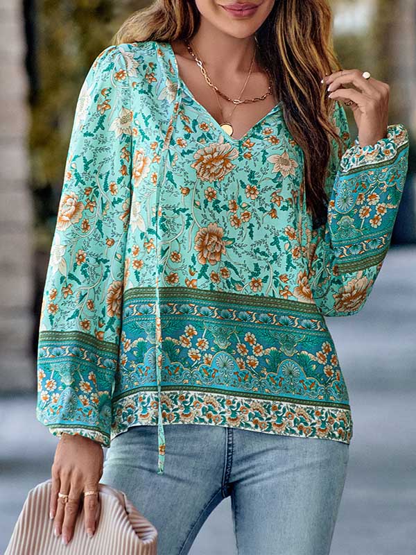 Elasticity Flower Print Tied Long Sleeves Loose V-Neck Blouses&Shirts Tops