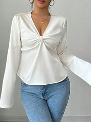 Pleated Solid Color Split-Joint Long Sleeves Loose V-neck Blouses&shirts Tops