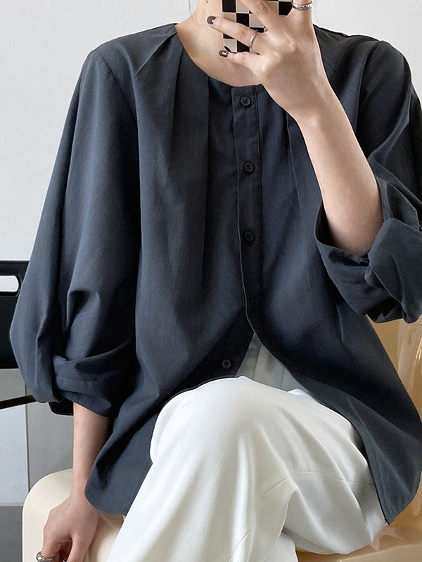 Pleated See-Through Solid Color Split-Joint High-Low Loose Round-Neck Blouses