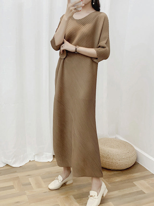 Pleated Solid Color Half Sleeves Irregular Clipping Round-Neck Midi Dresses