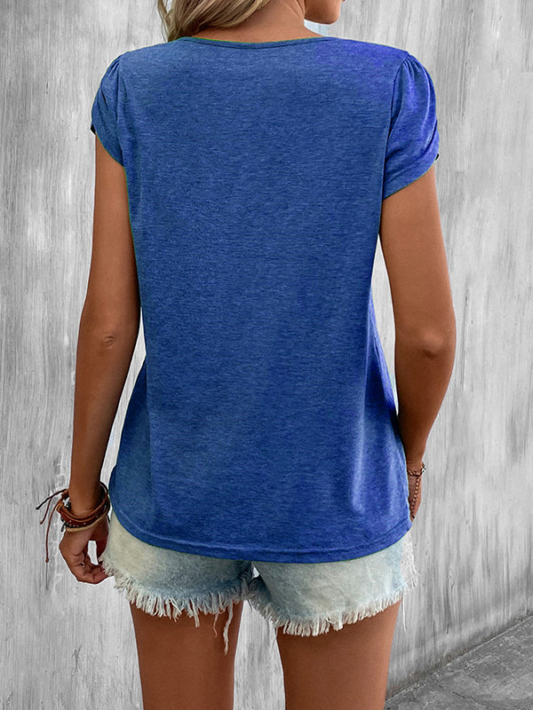 Solid Color Loose Short Sleeves V-neck T-Shirts Tops