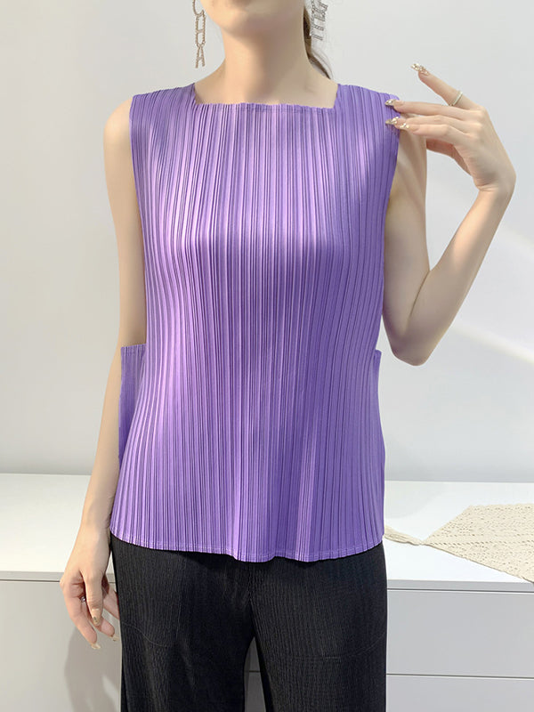 Pleated Solid Color Split-Joint Loose Sleeveless Square-Neck Vest Top