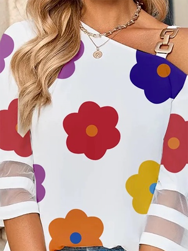 Half Sleeves Loose Contrast Color Floral Printed Hollow Off-The-Shoulder T-Shirts Tops